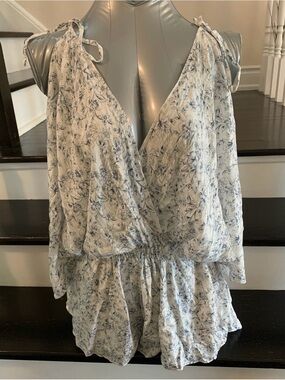 Mustard Seed White and Blue Floral Romper